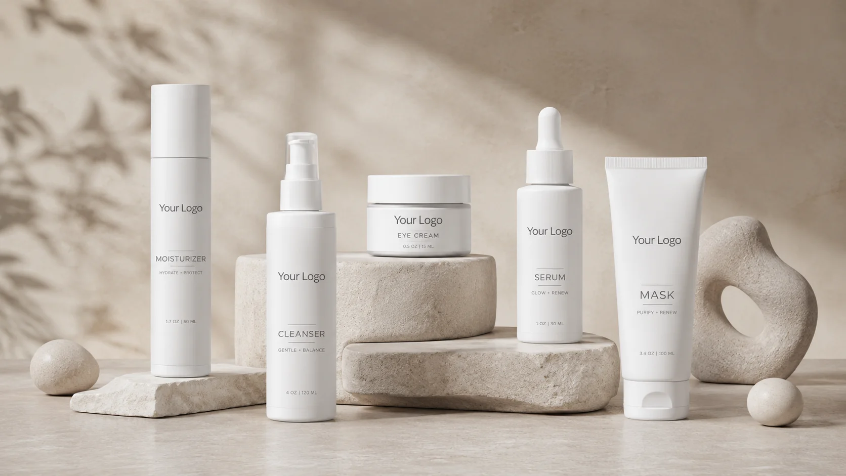 White skincare products, including moisturizer, cleanser, eye cream, serum, and mask, displayed on neutral stone platforms with earthy tones.